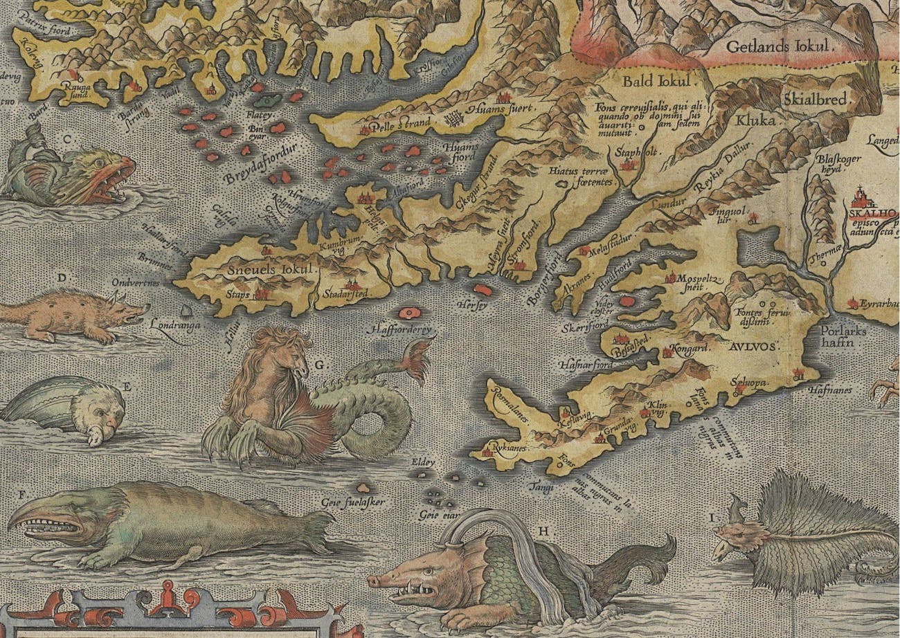 Gamalt kort af Íslandi sem sýnir suðvesturströndina og sæskrímsli.
