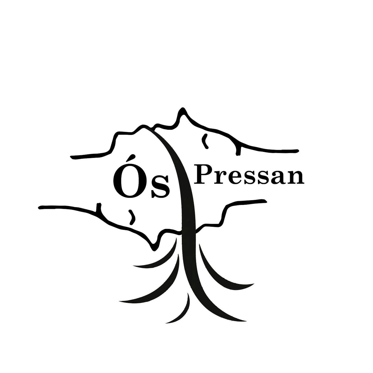 Black and white logo. The words are Ós Pressan. Between the words come lines that then flowing down. Above and below the words are lines, like the outlines of a mountain.